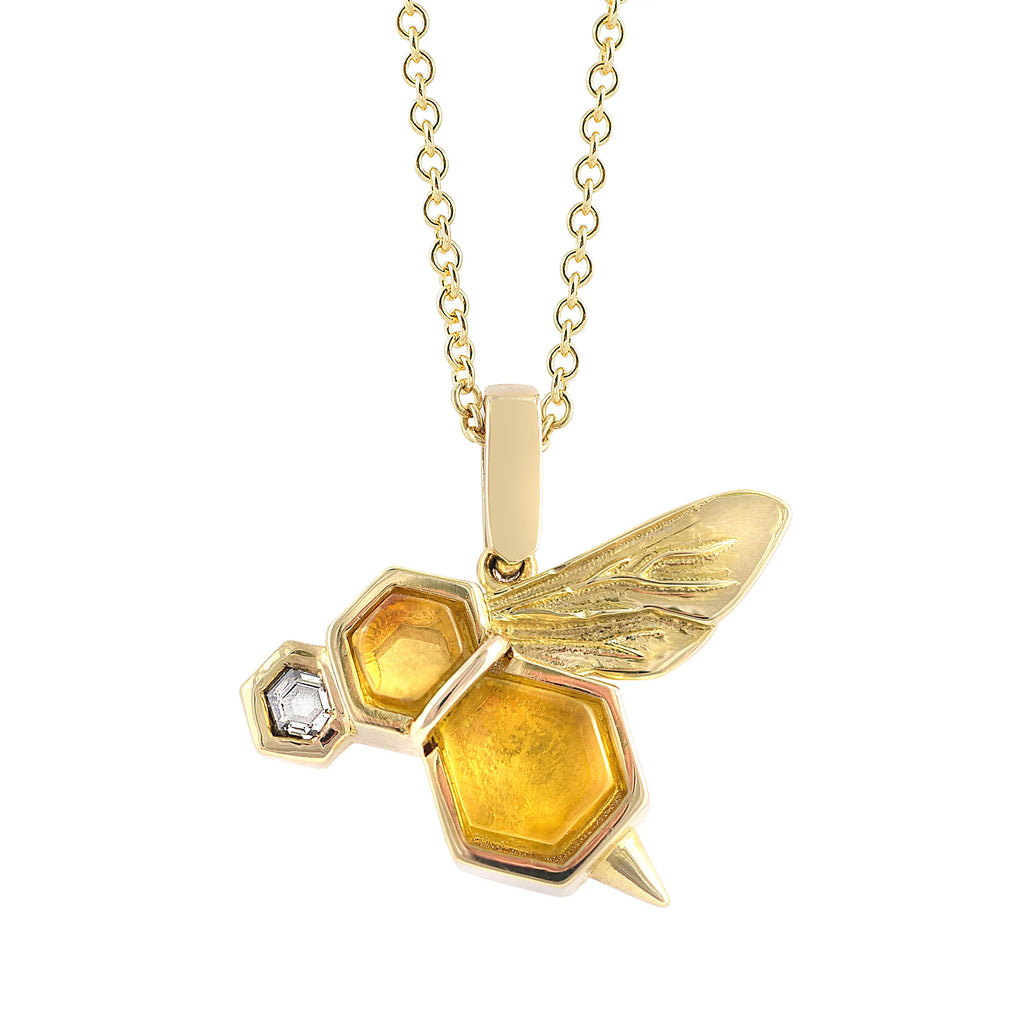 Small BeeWing Gold Pendant with Amber, Diamonds, Honey, Pollen, and Honeycomb | BeeWing | Irthly