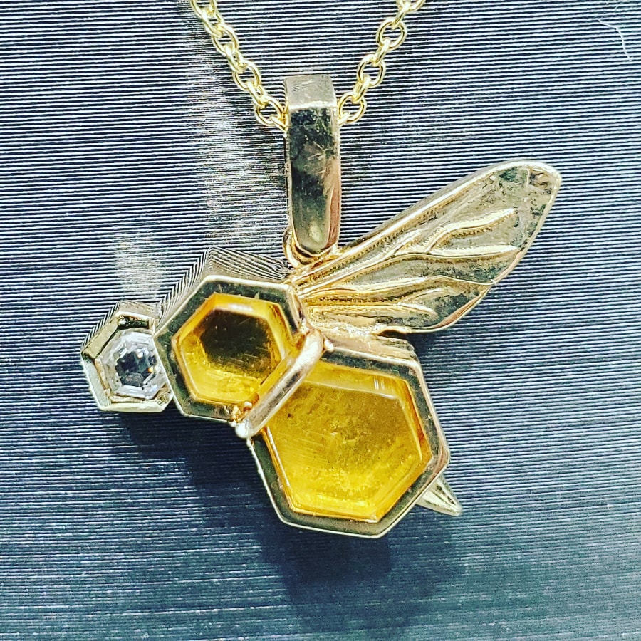 Small BeeWing Gold Pendant with Amber, Diamonds, Honey, Pollen, and Honeycomb | BeeWing | Irthly