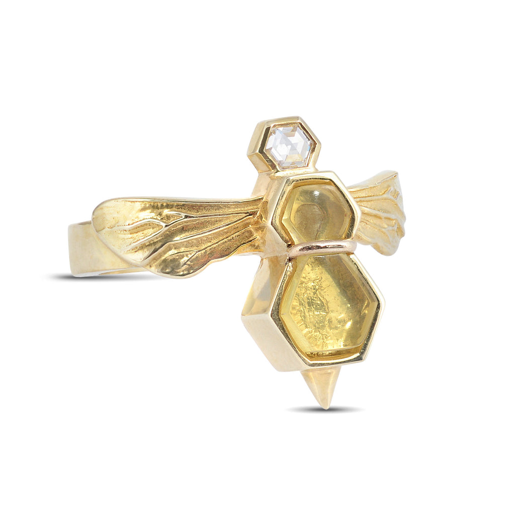 BeeWing Gold Ring with Amber, Diamonds, Honey, Pollen, and Honeycomb | BeeWing | Irthly